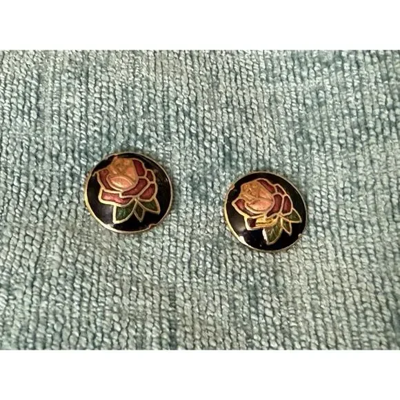 Vintage Round Cloisonne Rose Stud Earrings Button Style Rose Pink Enameled EUC - Picture 1 of 5
